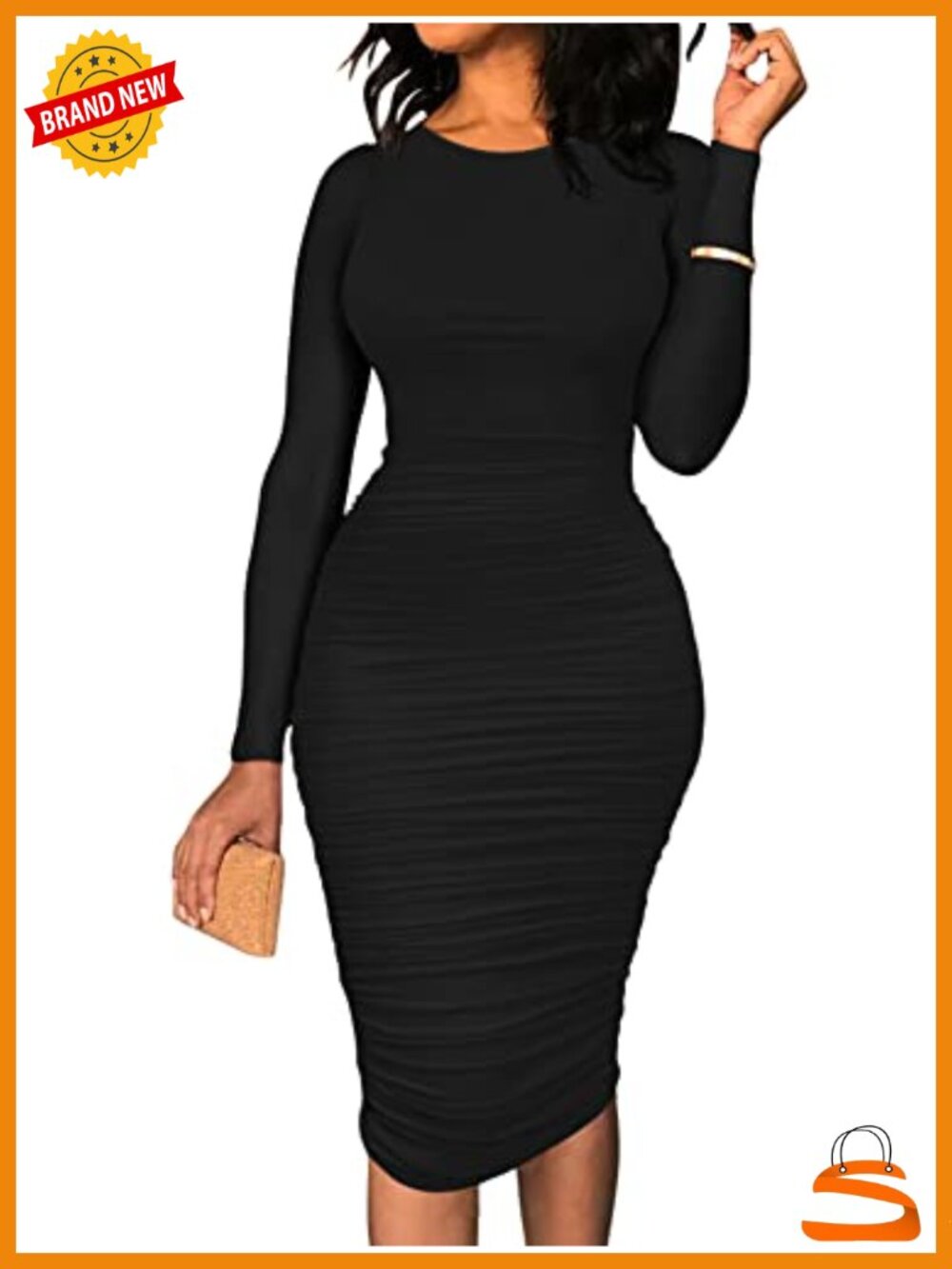 Ruched Long Sleeve Bodycon Midi Dress Polyester Spandex Club Night Out